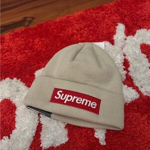 Supreme Beige Knit Hat with Red Logo